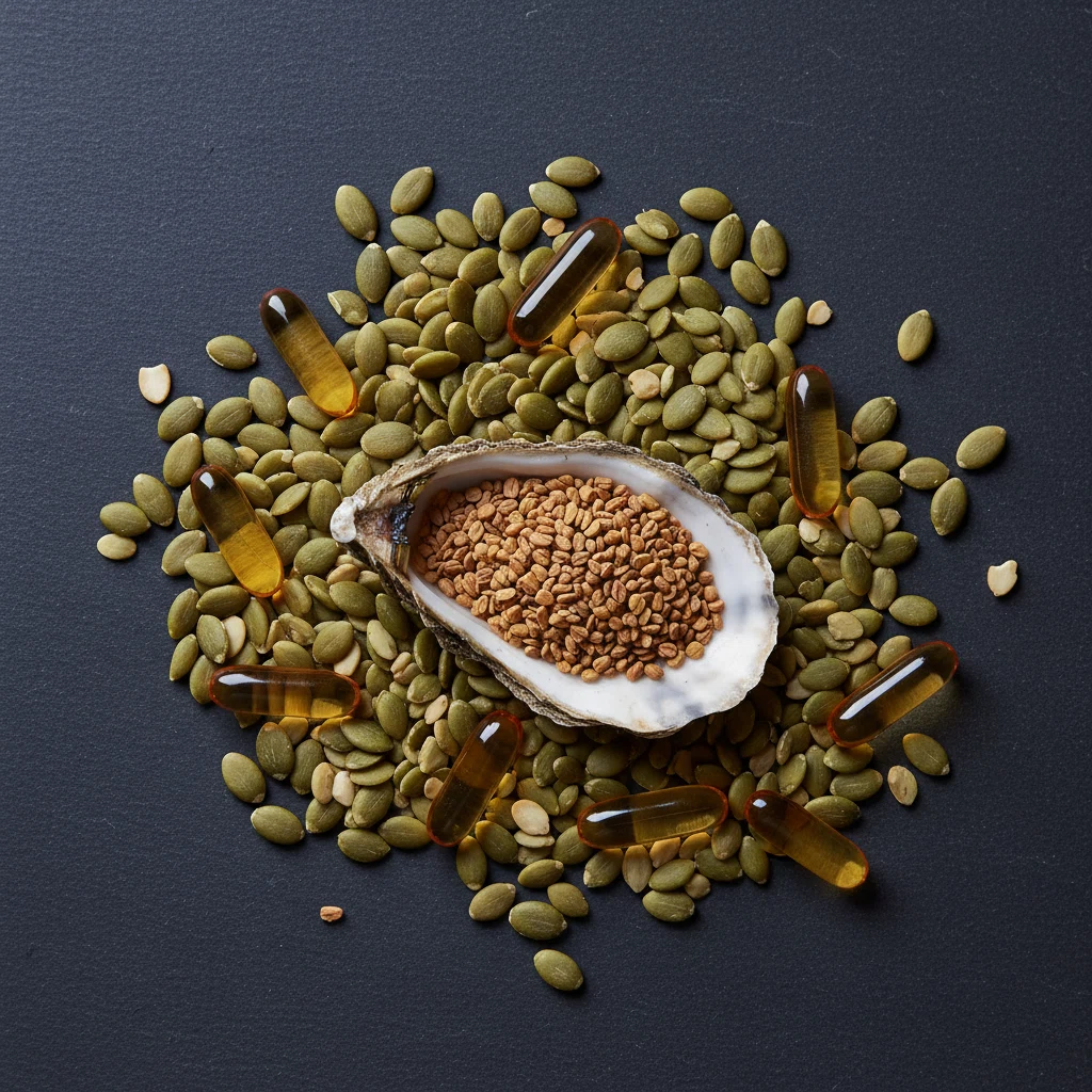 Zinc-rich foods including pumpkin seeds and oyster shells alongside amber supplement capsules